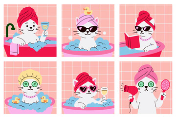 Set of cute cartoon cats in bathtubs enjoying spa and beauty routines with towels, drinks, sunglasses, and bubbles