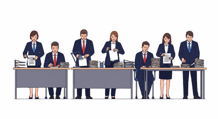 A group of business professionals in suits are diligently working at their desks, sorting and organizing piles of paperwork and documents.