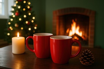 Obraz premium Cozy red mugs invite heartwarming comfort and holiday joy on a glowing wooden table, near a crackling fireplace and festive Christmas tree lights
