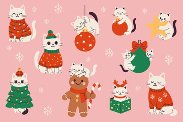 Naklejka premium Christmas Cat Clipart Collection with Seasonal Elements