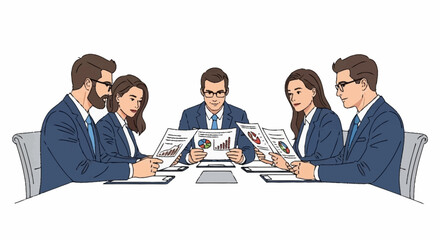 A diverse group of business professionals in suits gathered around a conference table, intently reviewing charts and documents during a meeting.