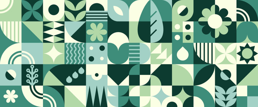 Geometric bauhaus pattern with green plant motifs - abstract leaves, flowers, leaves and circles in modernist grid composition. Retro nature elements with bold shapes for wallpaper or textile design.