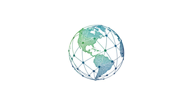 Stylized globe icon with a network of connected dots and lines, symbolizing global communication, technology, and interconnectedness