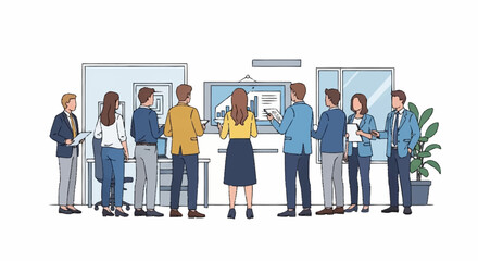 A diverse group of professionals gathers around a large screen displaying a business presentation with charts and graphs, fostering collaboration and discuss...