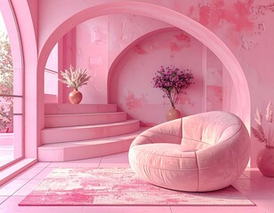 Różowe wnętrze z fotelem i klatką schodową