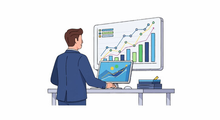 A businessman in a suit analyzes financial charts and graphs displayed on a computer monitor and a large screen, suggesting data analysis and business strategy.