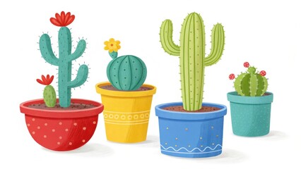 Four colorful potted cacti with bright flowers and textured green stems