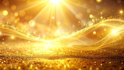 An artistic rendering of a radiant scene, bathed in a warm golden light. Sparkling particle effects add shimmer with ethereal ribbon trails