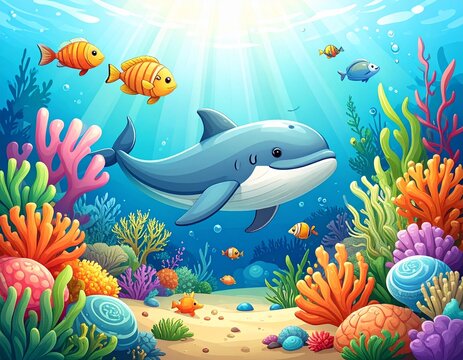 Ilustracja z podwodnym życiem: meduzami, wielorybem, rybami, rafą koralową, rozgwiazdami