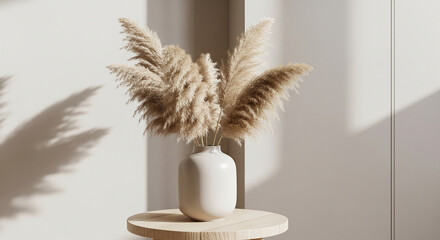 Naklejka premium Minimalist Still Life: Fluffy Pampas Grass in a White Vase A clean, minimalist close-up shot of a decorative arrangement featuring voluminous, light-beige pampas grass plumes
