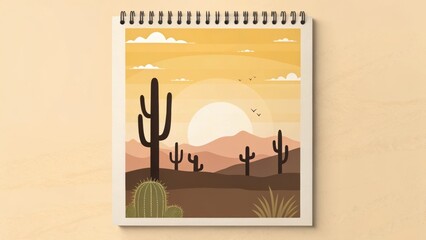 Desert sunset scene with saguaros and birds flying artwork