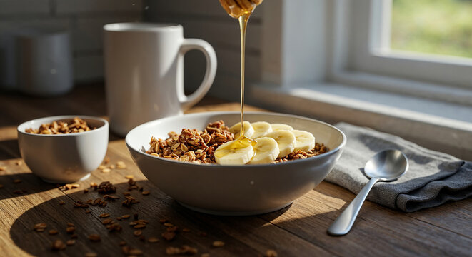 Pouring golden honey over a breakfast bowl of crunchy granola and sliced bananas beside a mug on a rustic wooden table - Powered by Adobe