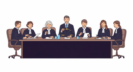 Seven judges in black robes are seated at a long table, with one holding a gavel, representing a legal panel or court hearing.