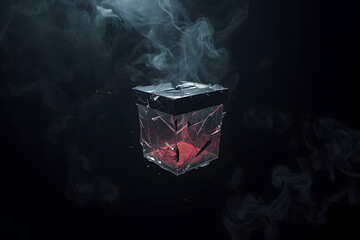 Shattered Glass Ballot Box with Glowing Red Core in Dark Smoke