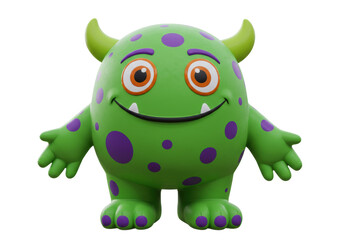 Isolated Green Monster with Purple Spots Smiling, Friendly Childlike Fantasy Creature