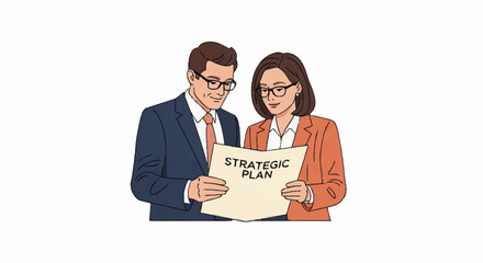 Two business colleagues, a man and woman, review a strategic plan document together, both wearing glasses and professional attire.