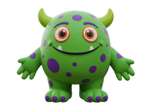Isolated Green Monster with Purple Spots Smiling, Friendly Childlike Fantasy Creature