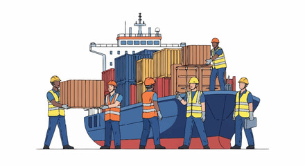 Illustration depicting dock workers loading cargo containers onto a large ocean-going freighter ship.
