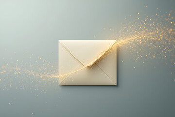 Elegant Cream Envelope with Golden Sparkling Dust Trail and Bokeh