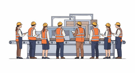 A team of factory workers inspecting a production line, wearing safety vests and hard hats.