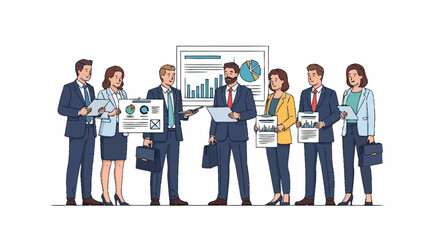 A diverse team of business professionals presenting data and reports during a meeting.