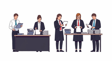 Five business professionals stand at desks, reviewing documents and stacks of paperwork, in a clean, modern office setting.