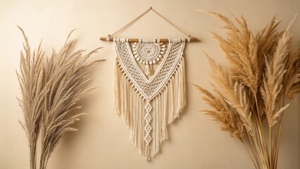 Bohemian macrame wall hanging adorned with pampas grass dried flowers