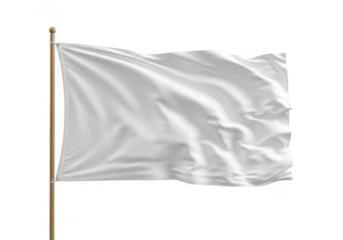 Stock image of a waving white flag on a wooden pole, mockup template, symbol of surrender, sign, banner, isolated on transparent background