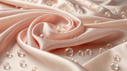 Soft pastel silk fabric swirls with delicate pearls close up macro view