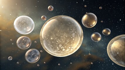 Close up of shimmering soap bubbles with golden light reflections