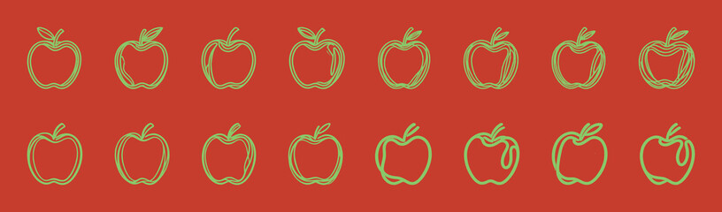 Green Continuous Line Art Set of Whole Apple Fruit Icons on Red Background