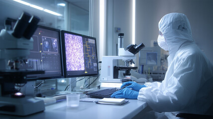 日本人のシニア研究者が作業台でデータ画面を確認しながら操作を行う