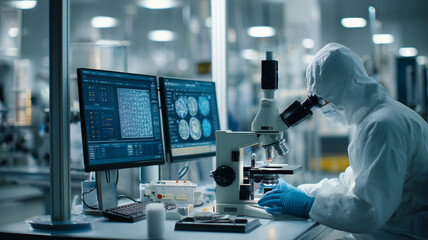 日本人のシニア研究者が作業台でデータ画面を確認しながら操作を行う