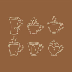 White Continuous Line Drawing Set of Coffee and Hot Beverage Mugs with Steam
