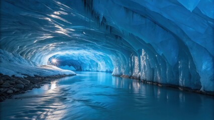 Surreal blue ice cave tunnel illuminated by ethereal light
