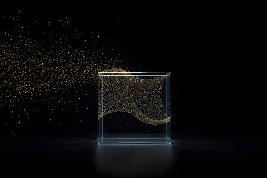 Golden Particle Flow into Clear Glass Cube on Black Background