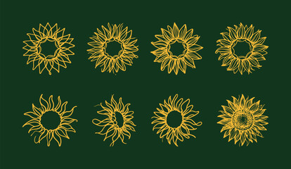 Set of Abstract Sunflowers Drawn in Continuous Line Art Style. Minimalist Contour Floral Vector Icons.