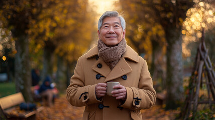 Fototapeta premium 男性が落ち葉舞う公園でキャメルのダッフルを着てマグを両手で包む