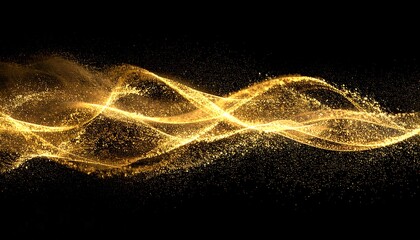 An abstract, glittering wave of golden particles flows horizontally against a stark black background, creating an illusion of depth. The light is prominent