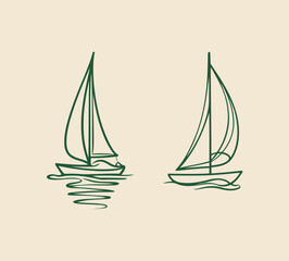 Continuous Line Art Drawing of Two Sailing Boats. Minimalist Contour Vector Icons for Nautical and Leisure.