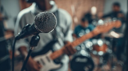People in the band are practicing music with the singer's microphone.
