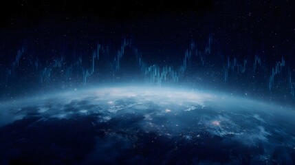 Global market data visualized over planet Earth from space with a futuristic blue glow
