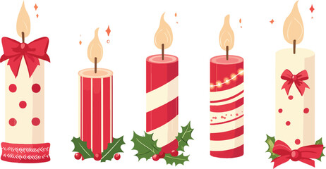 A vibrant winter holiday celebration with burning Christmas candles, festive red ribbon, and decoration
