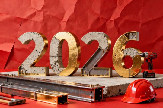 A festive greeting card celebrating 2026 from a construction company, featuring large construction-themed numbers in the foreground with holiday-inspired decorations and warm lighting, suitable for co