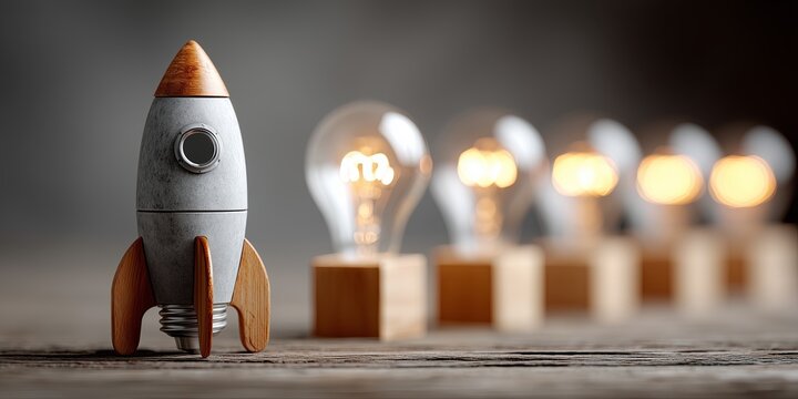 Small rocket model stands on wooden surface, with glowing light bulbs in the background, symbolizing innovation, creativity, and the journey of ideas taking flight