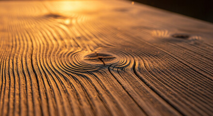 Detailed Close-up of Golden Sunlit Weathered Wood Grain and Knot
A highly detailed close-up shot of a weathered wooden surface, possibly a table or bench, intensely illuminated by low-angle