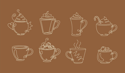Hot Chocolate Coffee Drink Minimalist One-Line Continuous Drawing Cups