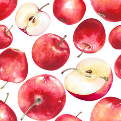 Apples, whole and half, red freshly picked ripe fruits hand drawn watercolor illustration isolated on white. Juicy seamless pattern for garden, autumn, kitchen, rustic, food design, fabric, wallpaper