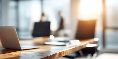 Modern office workspace featuring a sleek laptop on a wooden table, with blurred figures in the background, showcasing a professional and collaborative environment with natural light