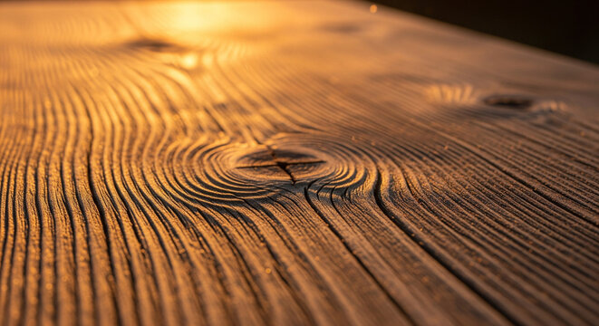 Detailed Close-up of Golden Sunlit Weathered Wood Grain and Knot
A highly detailed close-up shot of a weathered wooden surface, possibly a table or bench, intensely illuminated by low-angle